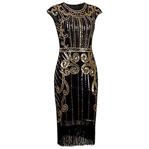 1920’s inspired black gold Sequin Embellished Fringe Long Gatsby Flapper Dress